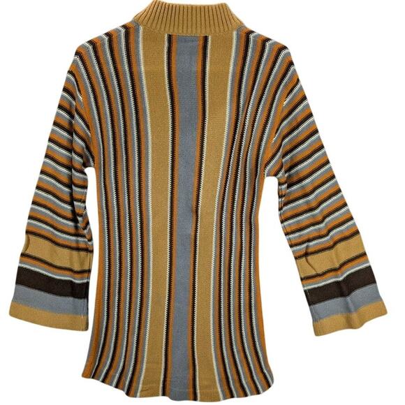 Vtg Lady Van Neff Sweater Womens Medium Tan Striped Lace Up Neck Bell Sleeves - Picture 2 of 7